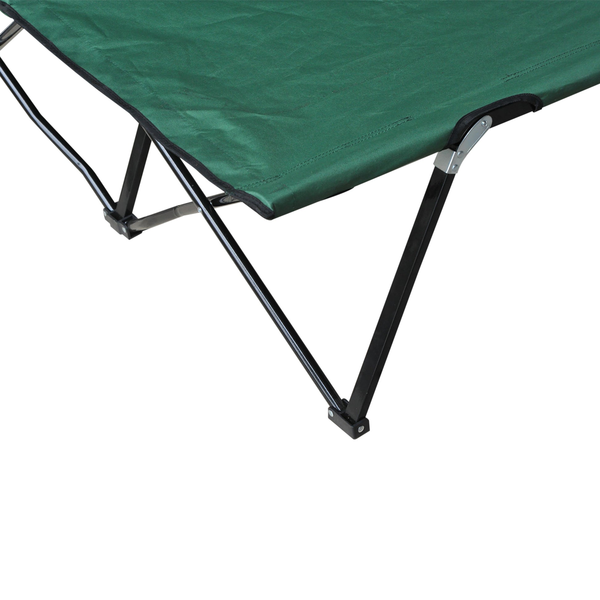 Green canvas camping cot with black metal foldable frame ideal for outdoor use