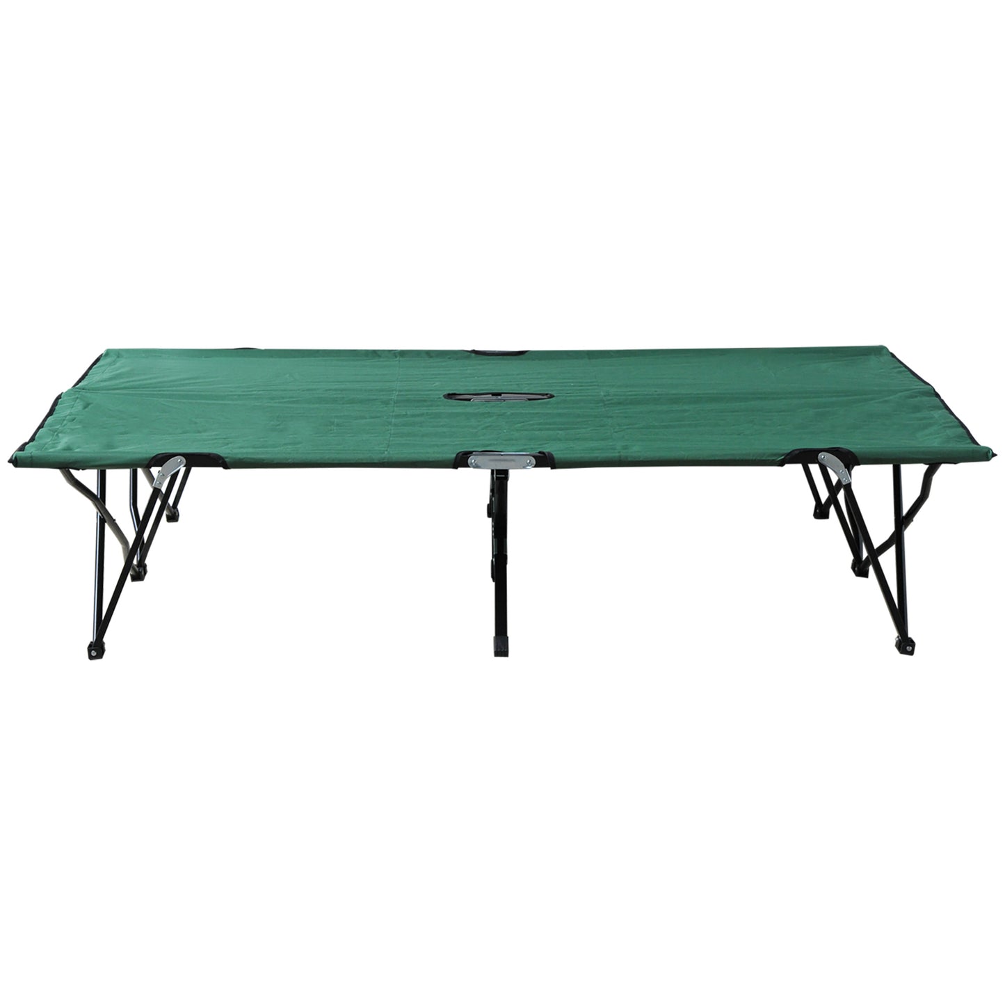 Green foldable camping cot with sturdy black metal frame and canvas bed