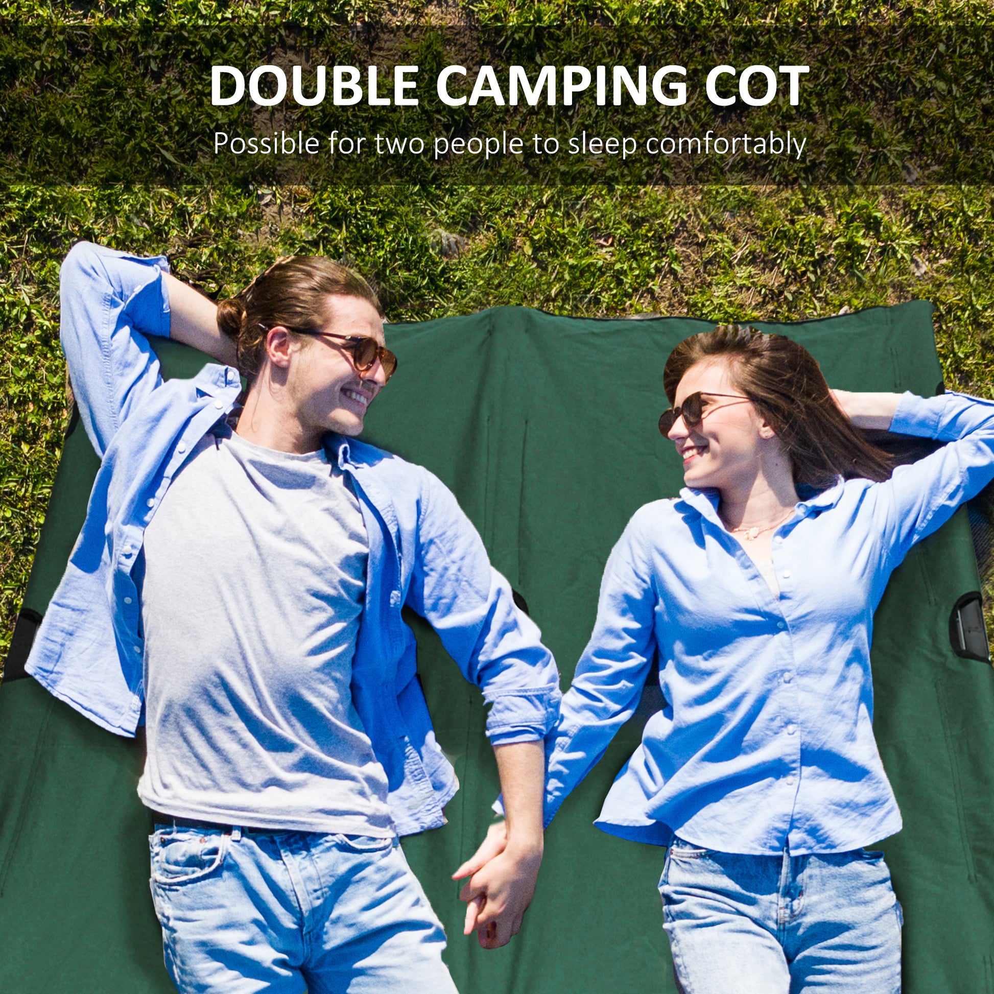 Couple relaxing on a green double camping cot with comfortable seating for two