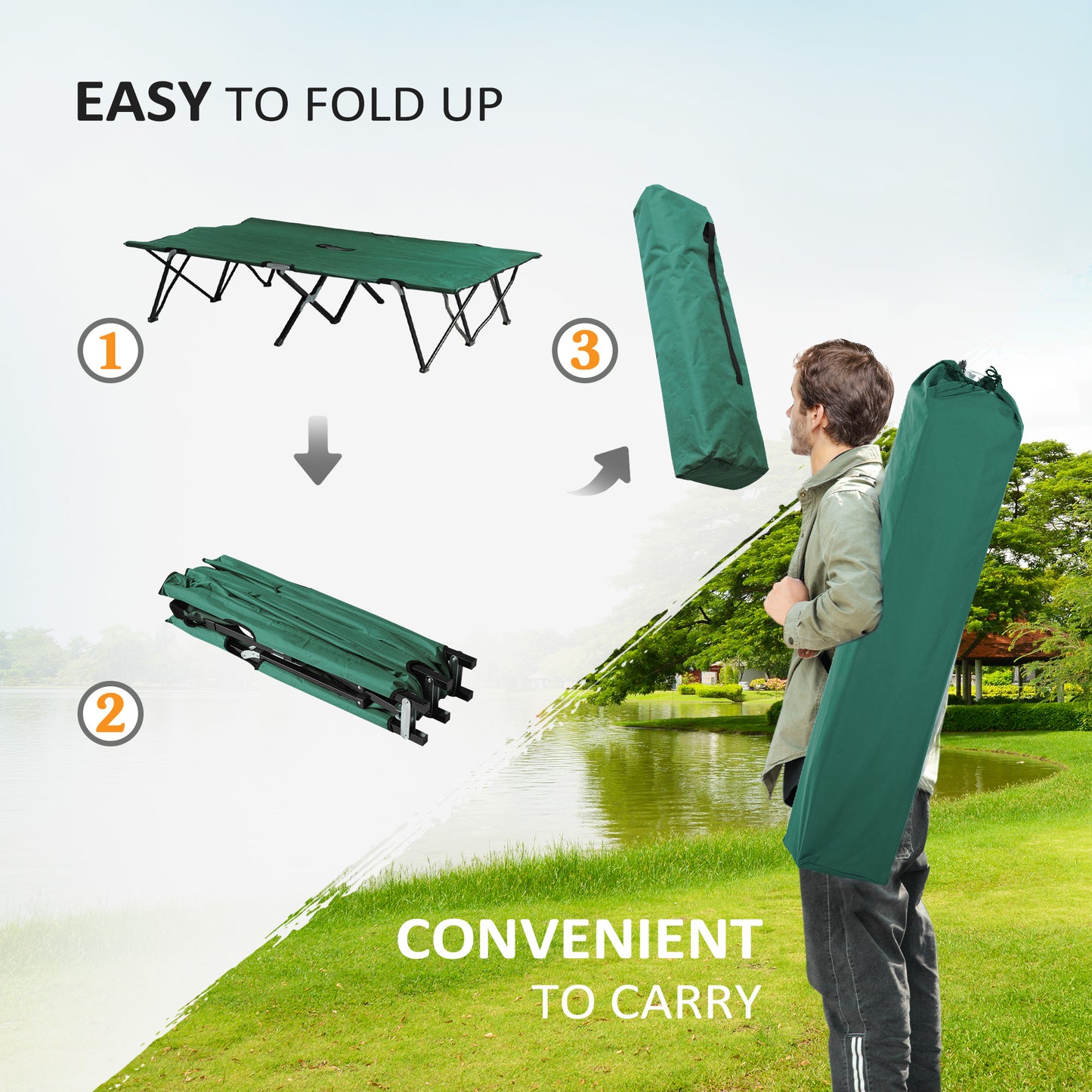 Green camping cot unfolded showing its sturdy frame and fabric