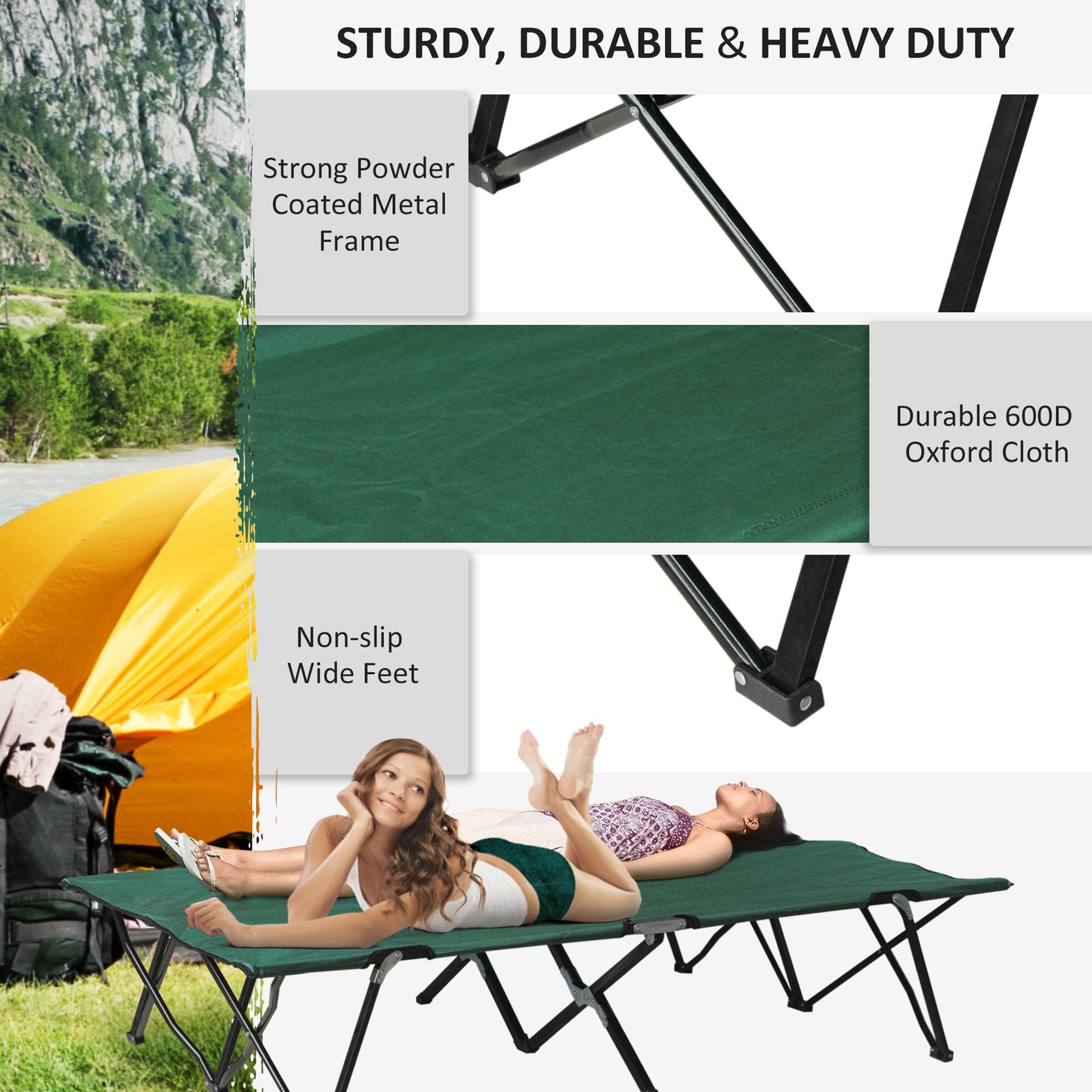 Folding camping cot with sturdy powdercoated metal frame and green Oxford cloth