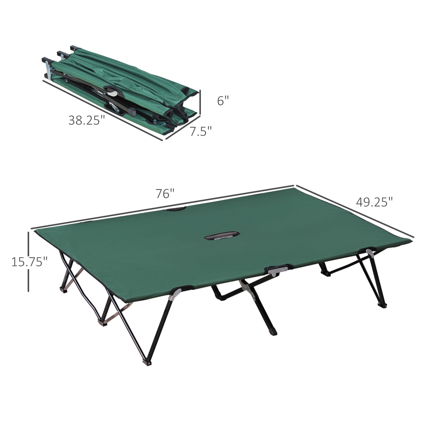 Green camping cot unfolded measures  inches long  inches wide  inches high