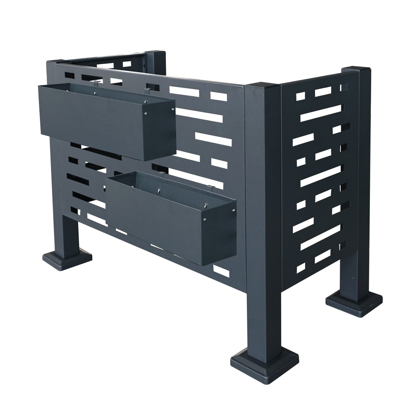 Modern grey metal planter bench with decorative cutouts and two integrated planting boxes