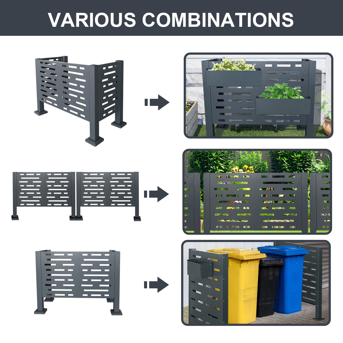 Dark grey metal privacy screen with geometric cutouts ideal for garden aesthetics