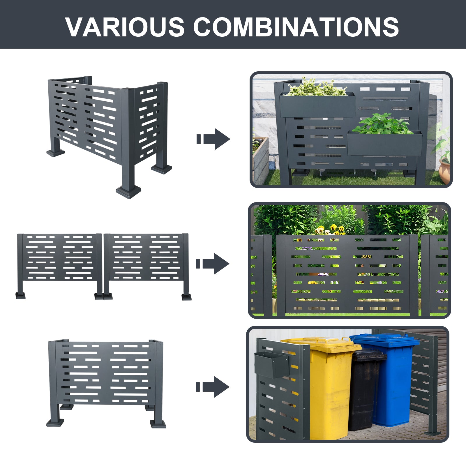 Dark grey metal privacy screen with geometric cutouts ideal for garden aesthetics