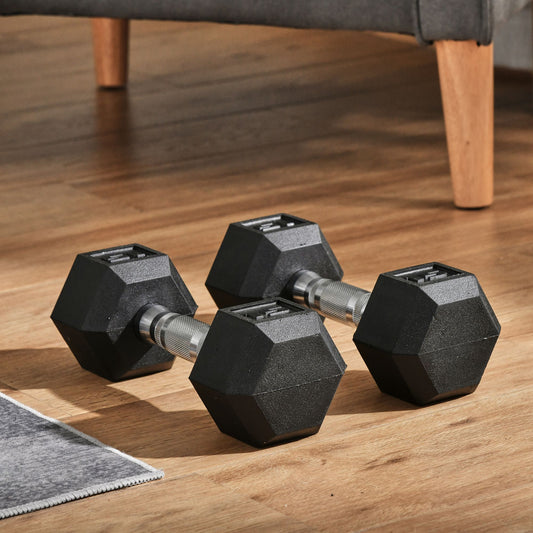 Pair of  lb hex dumbbells with knurled chrome handles on wooden floor