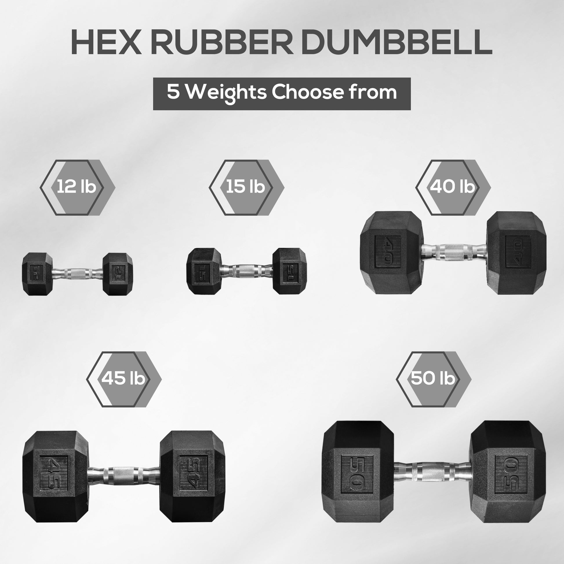 Black hex rubber dumbbell weighing  lbs with a textured chrome handle for strength training