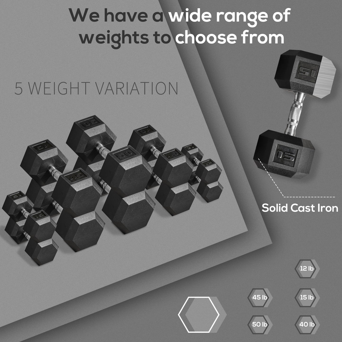 A group of black hex dumbbells in various weights for home gym workouts