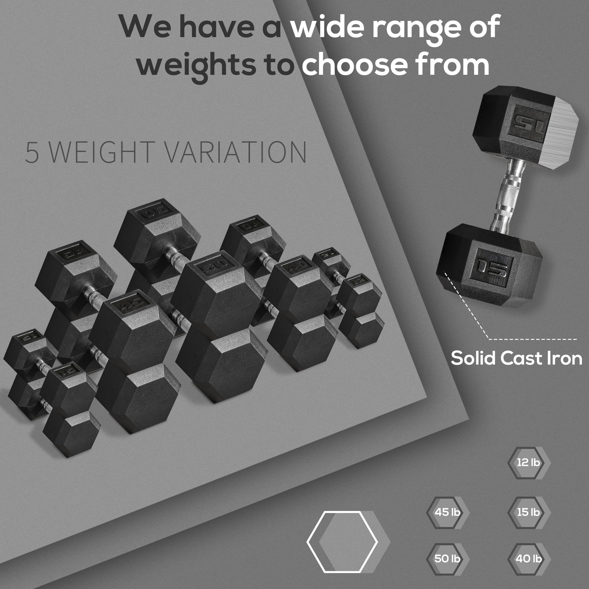 A group of black hex dumbbells in various weights for home gym workouts