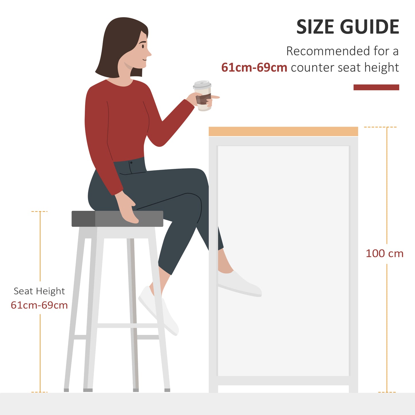 Illustration of a woman on a grey stool with cm seat height beside a counter