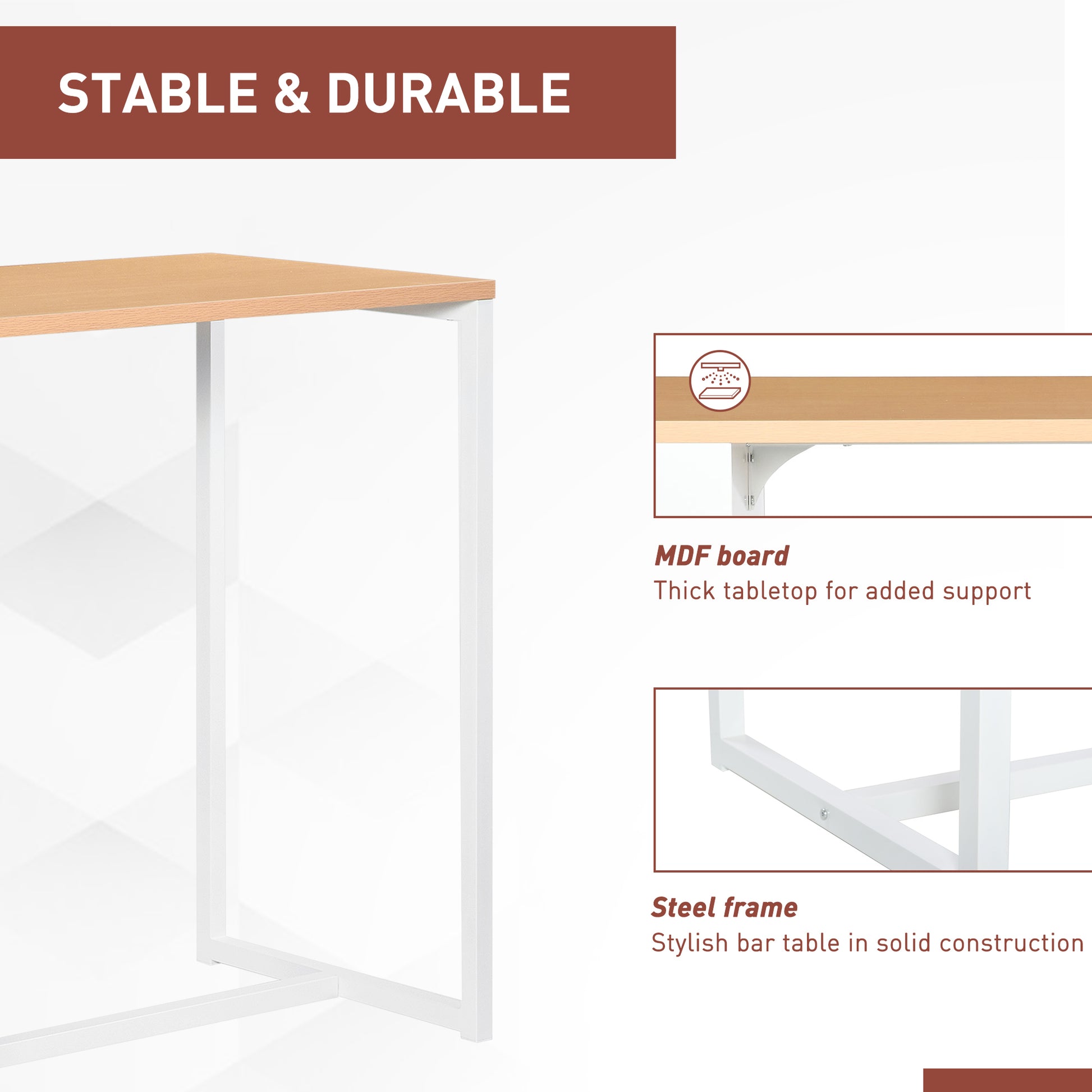 Wooden tabletop with clean white steel frame of a modern desk