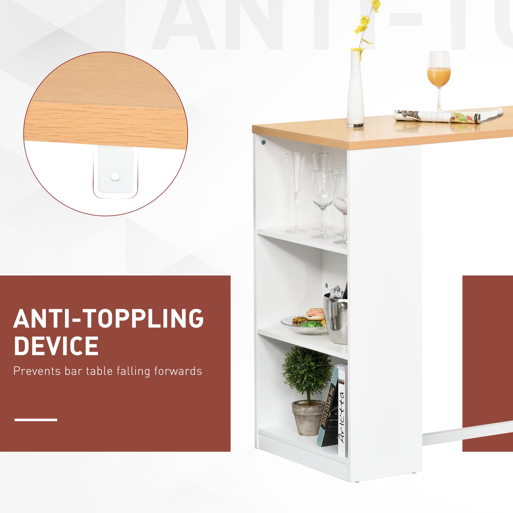 Wooden bar table with integrated white shelving and antitoppling device