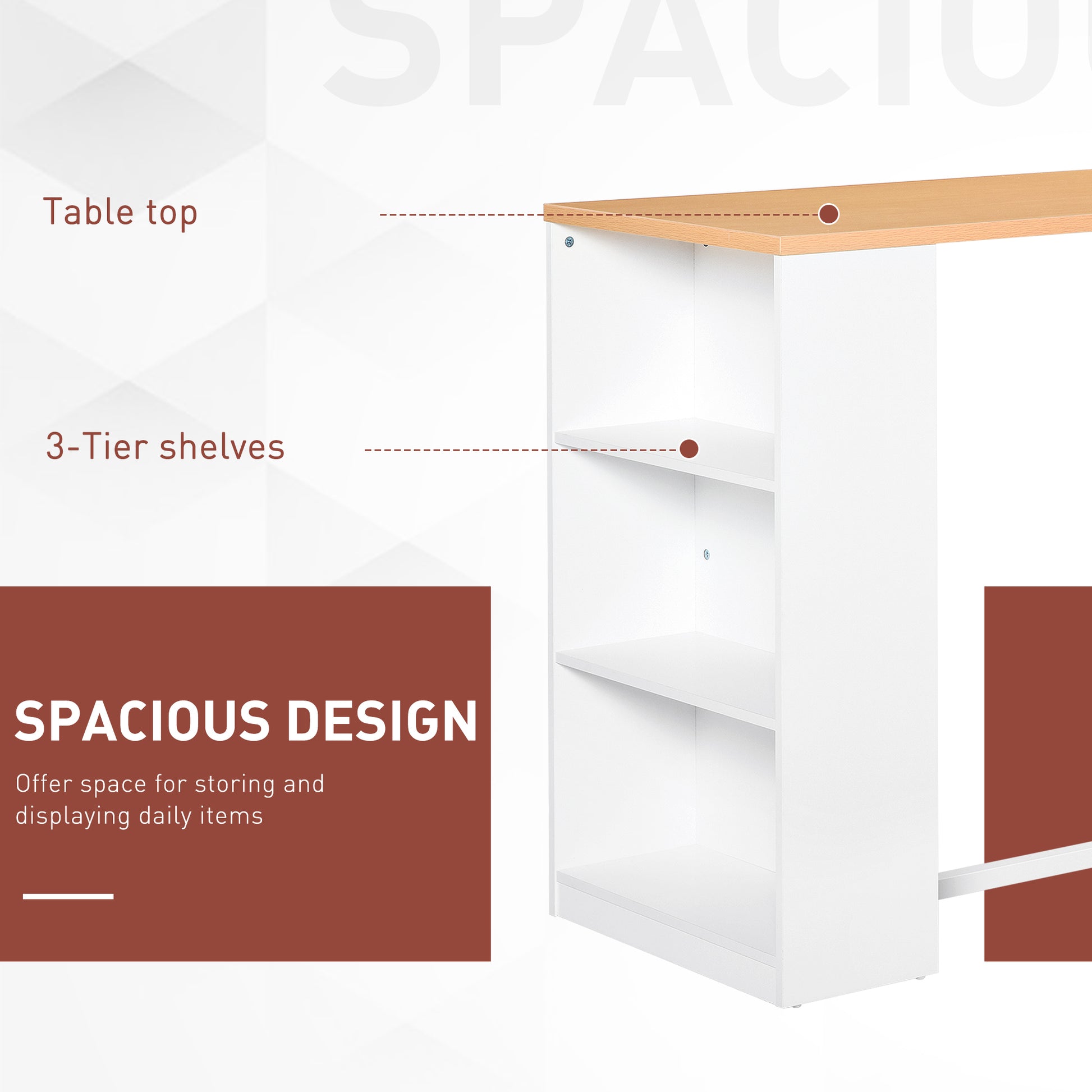 Light wood table top with clean white tier shelves for stylish storage