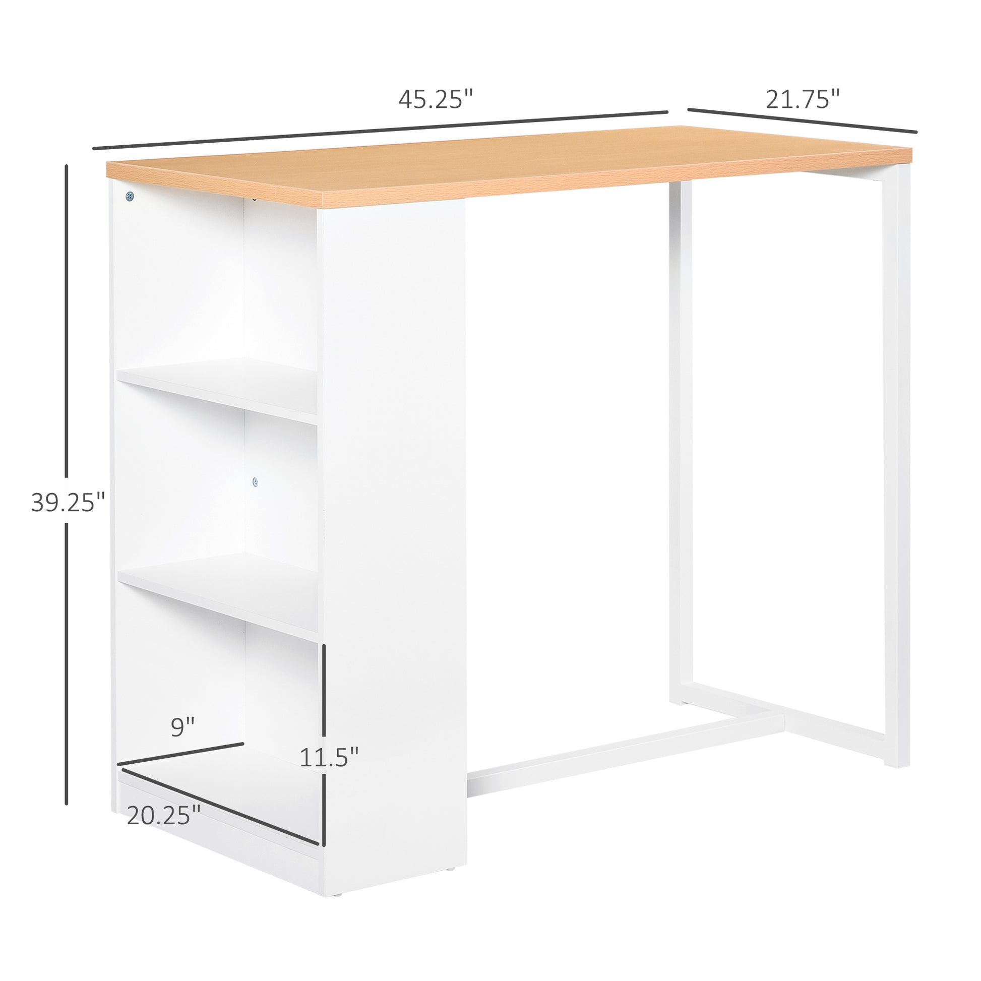 Modern white bar table with natural wood top and integrated shelf unit