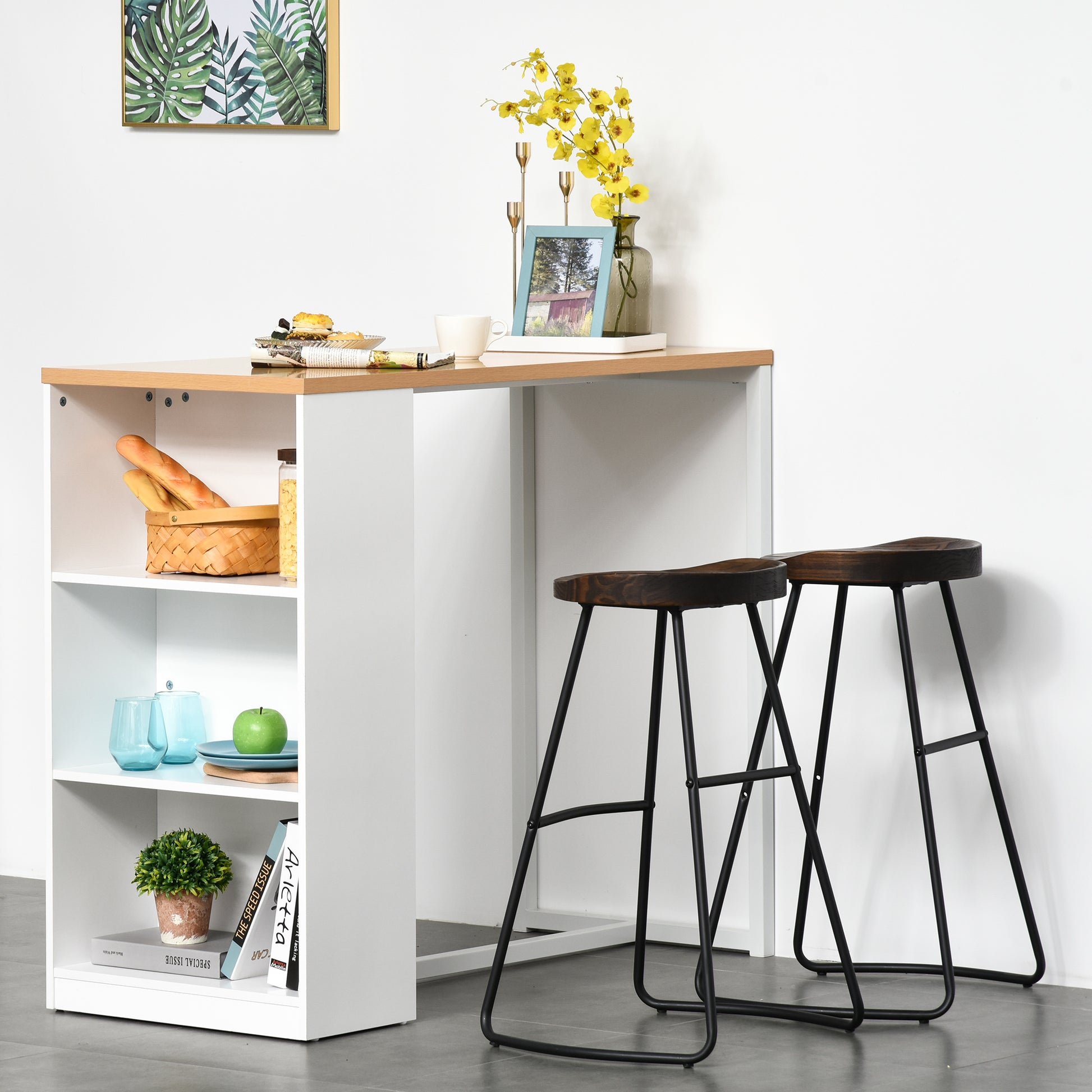 Modern white bar cabinet with wood top featuring two dark wood saddle seat bar stools