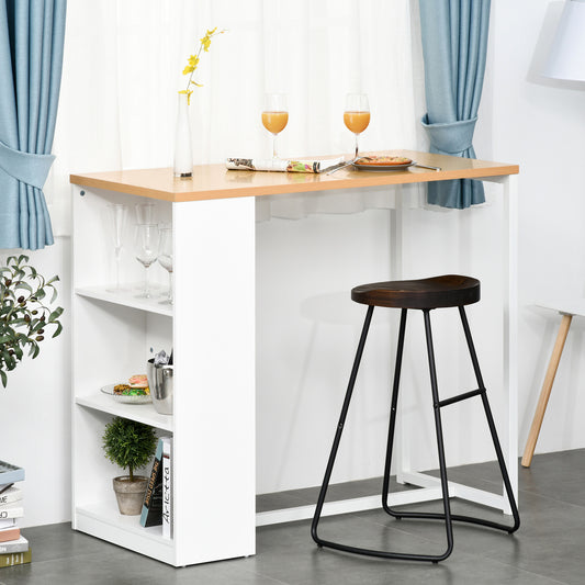 Compact white bar cabinet with a wooden top featuring shelves for drinks and snacks