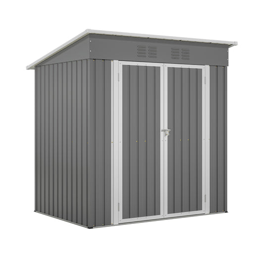 Gray metal garden shed with double doors and ventilation ideal for outdoor storage
