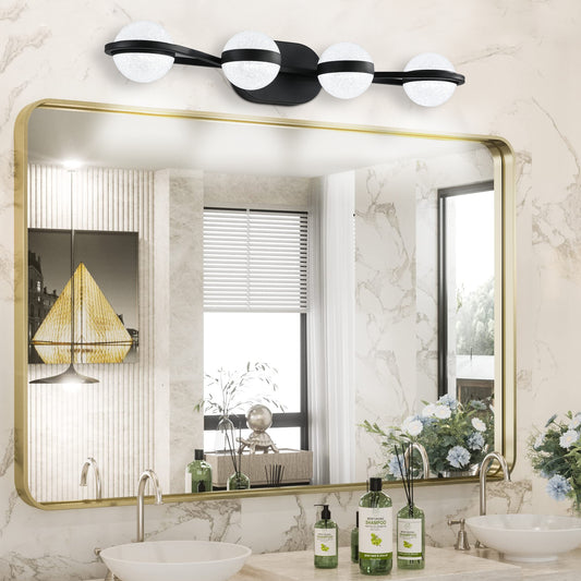 Modern black bathroom vanity light with four frosted globe shades and brushed gold accents