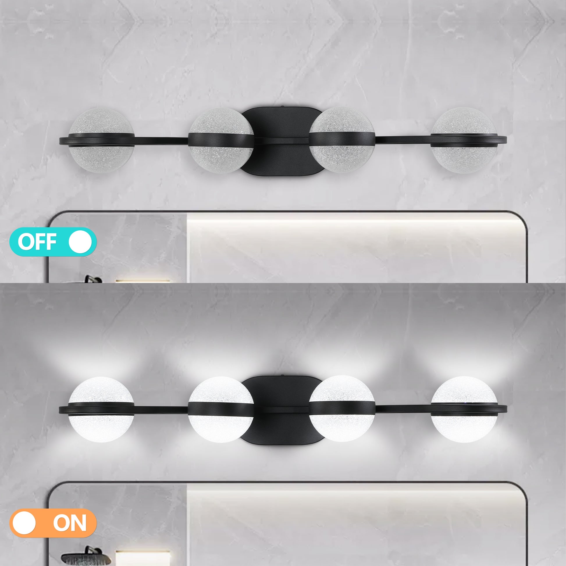 Modern black vanity light with four frosted glass globe shades