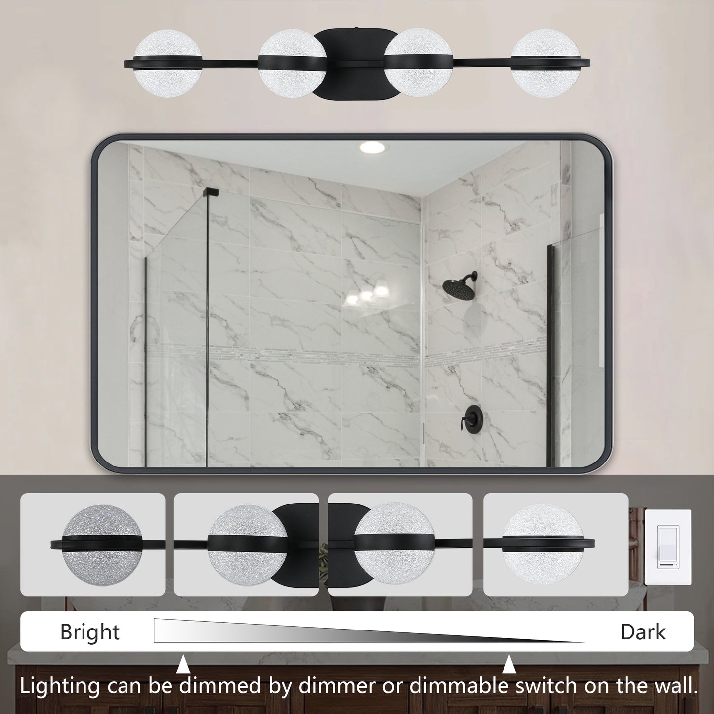 Black modern vanity light with four frosted glass globe shades