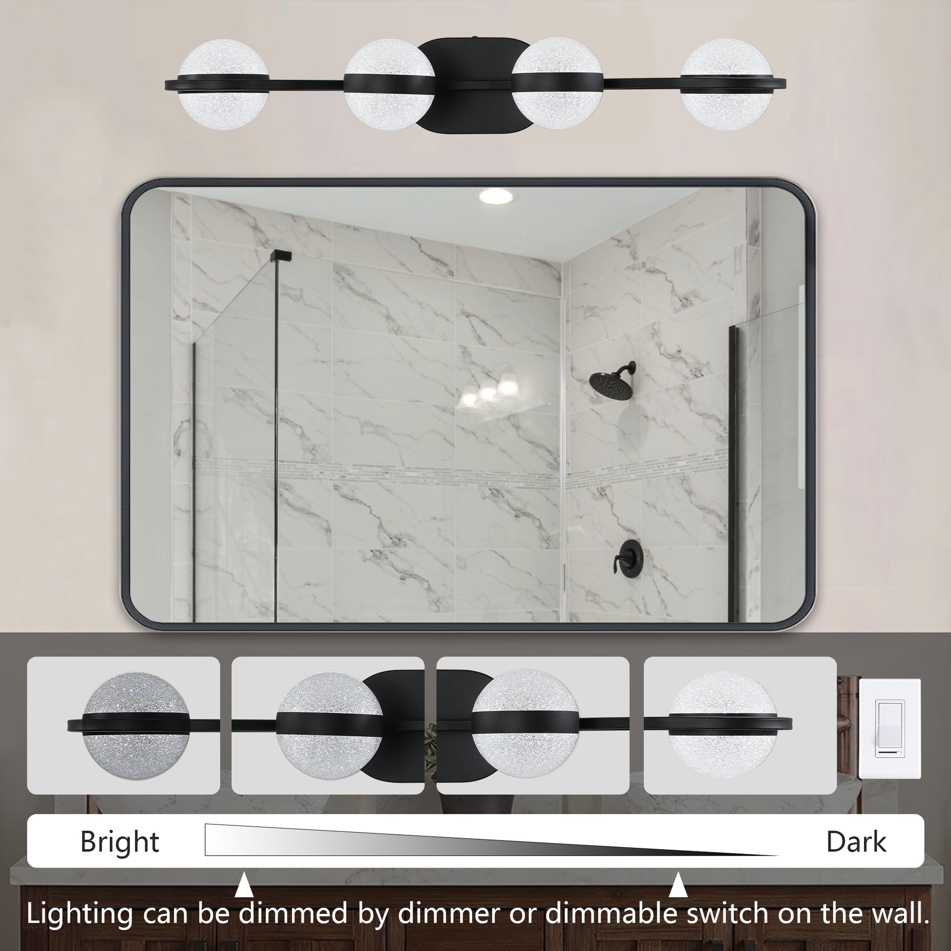 Black modern vanity light with four frosted glass globe shades