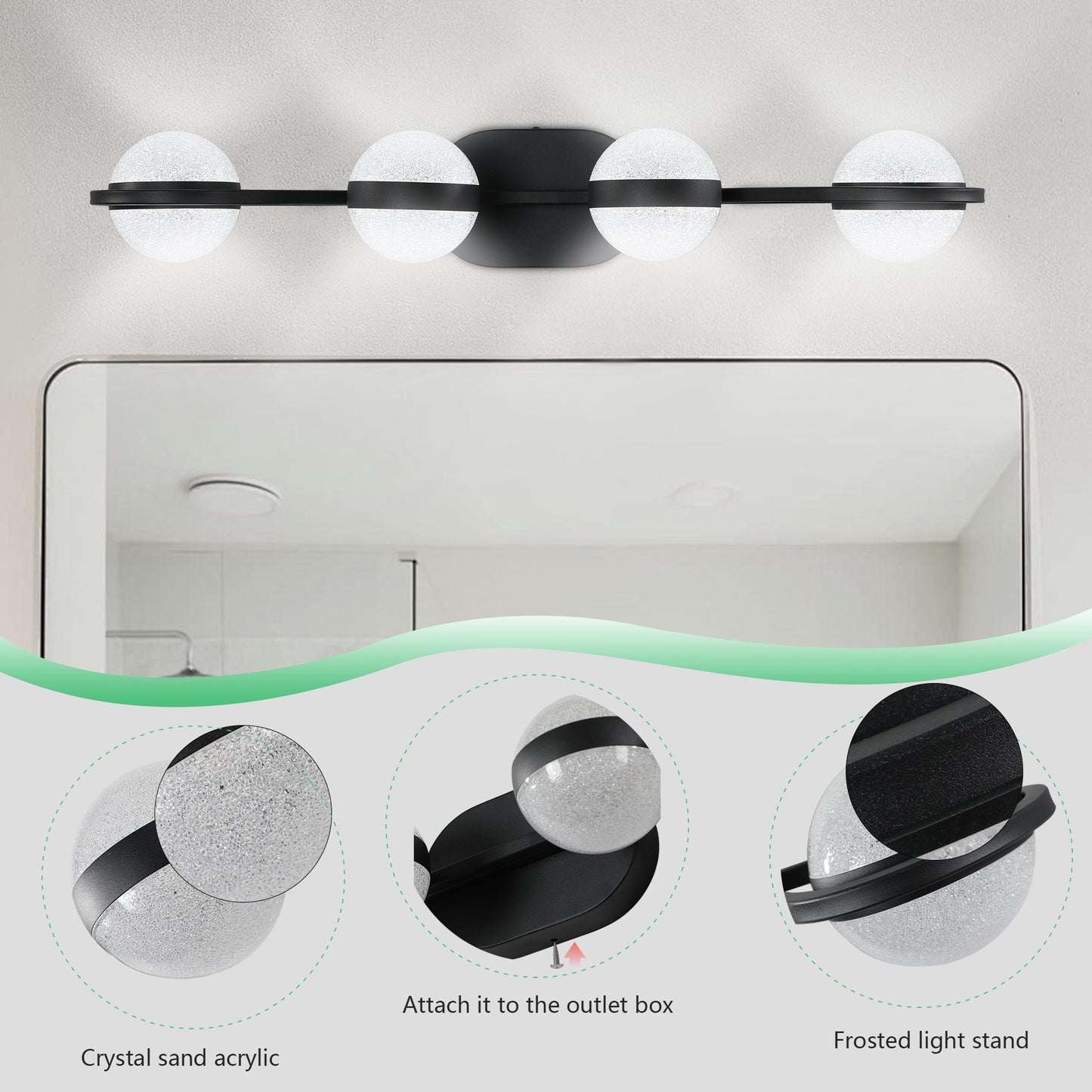 Modern black fourlight vanity light with frosted globe shades
