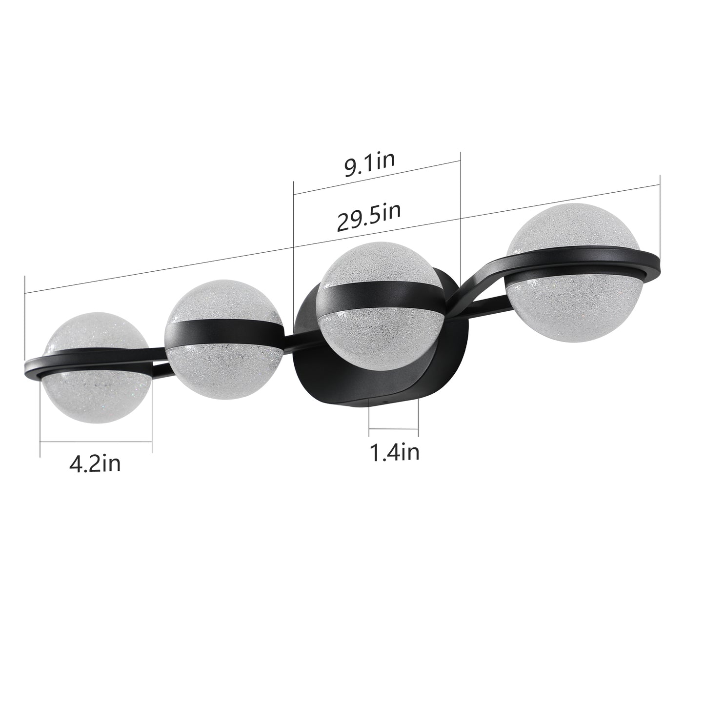 Black modern wall sconce with four frosted glass globe lights and clear dimension labels