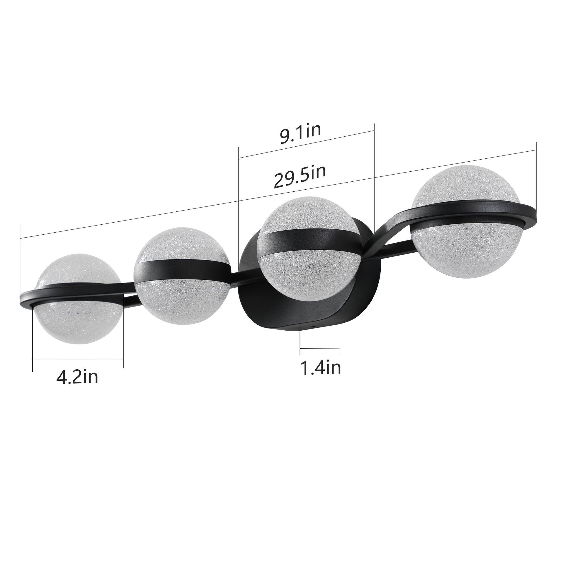 Black modern wall sconce with four frosted glass globe lights and clear dimension labels
