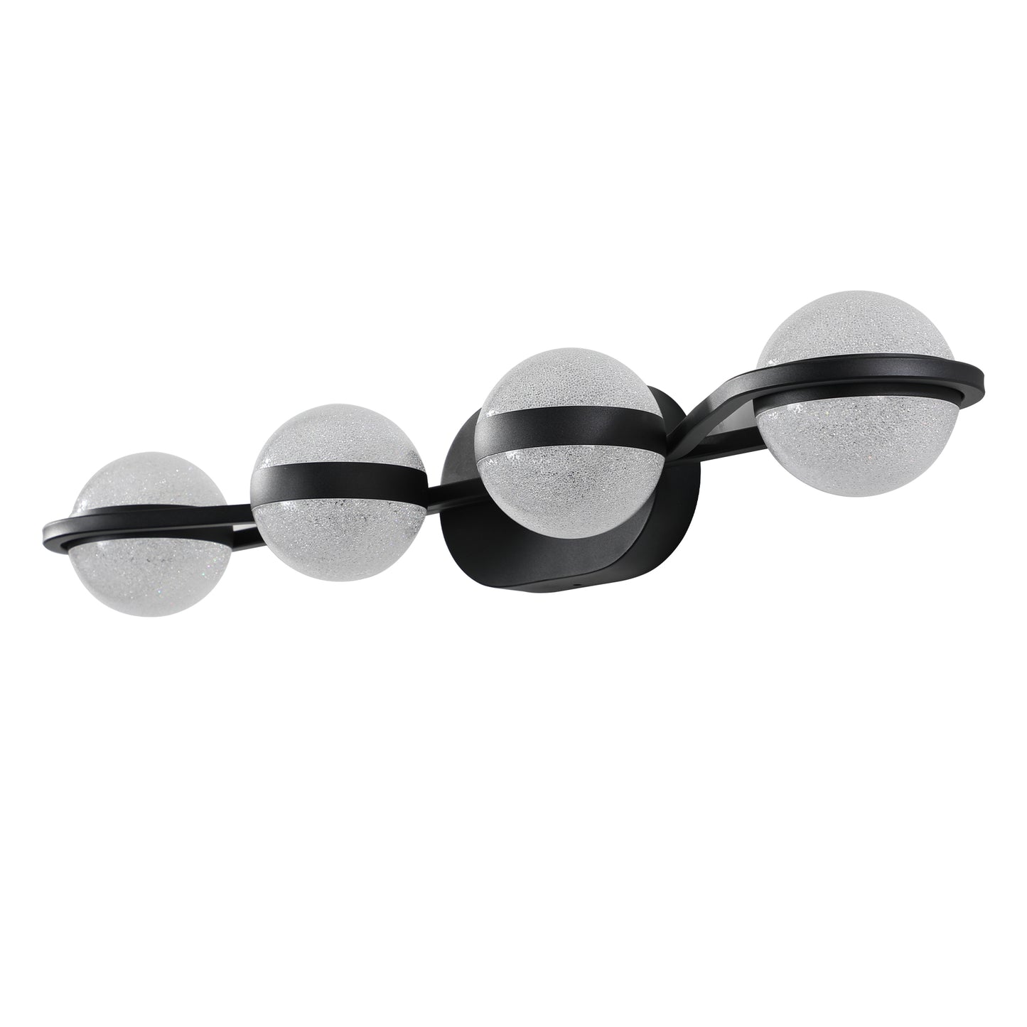 Modern black vanity light with four frosted glass globes featuring subtle glitter accents for a stylish bathroom
