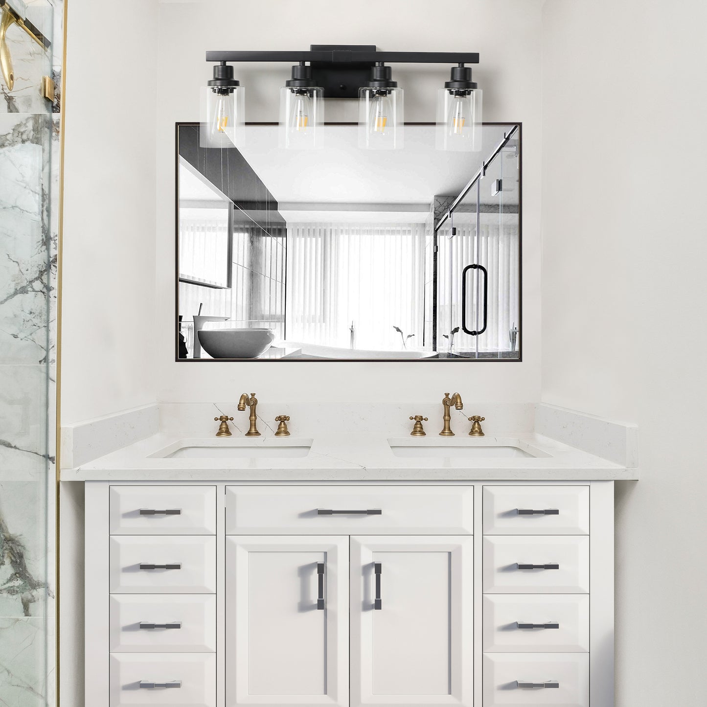 Modern black fourlight vanity light fixture with clear glass shades
