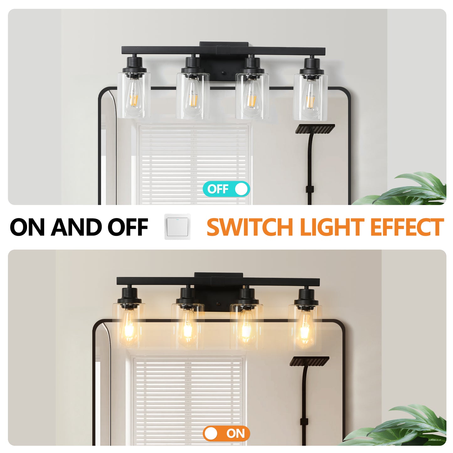 Fourlight black vanity light with clear glass shades and exposed Edison bulbs shown off