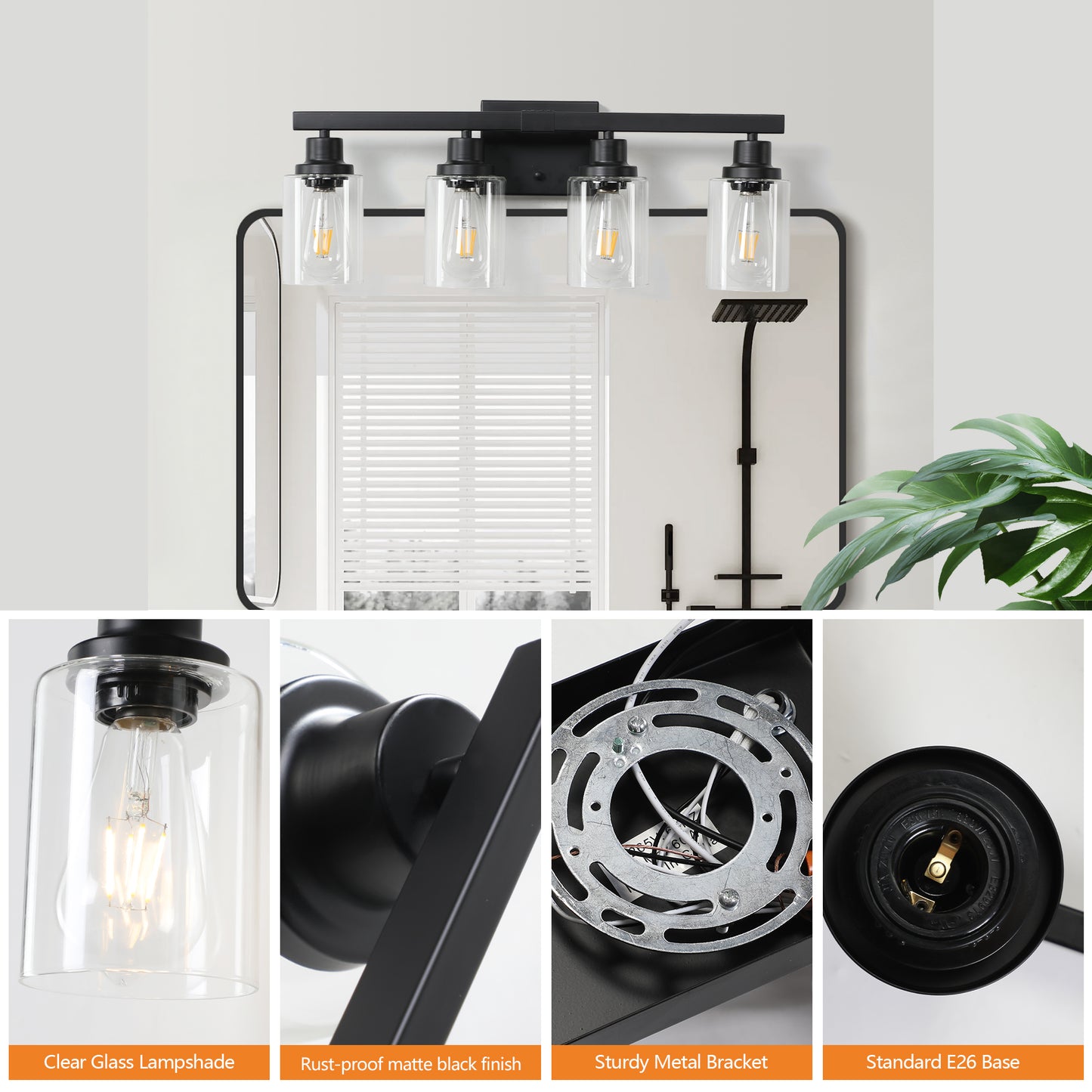 Black fourlight vanity fixture with clear glass shades