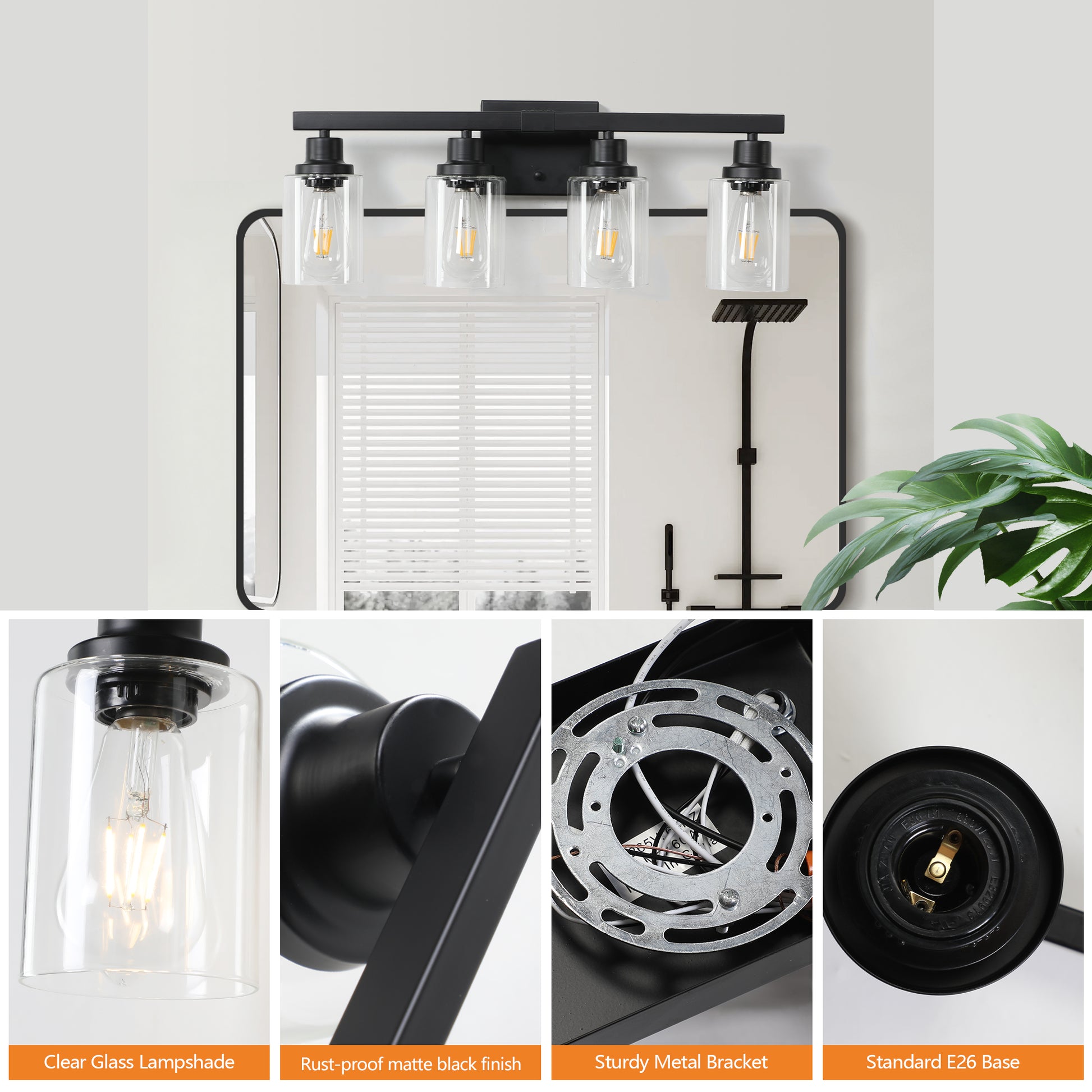 Black fourlight vanity fixture with clear glass shades