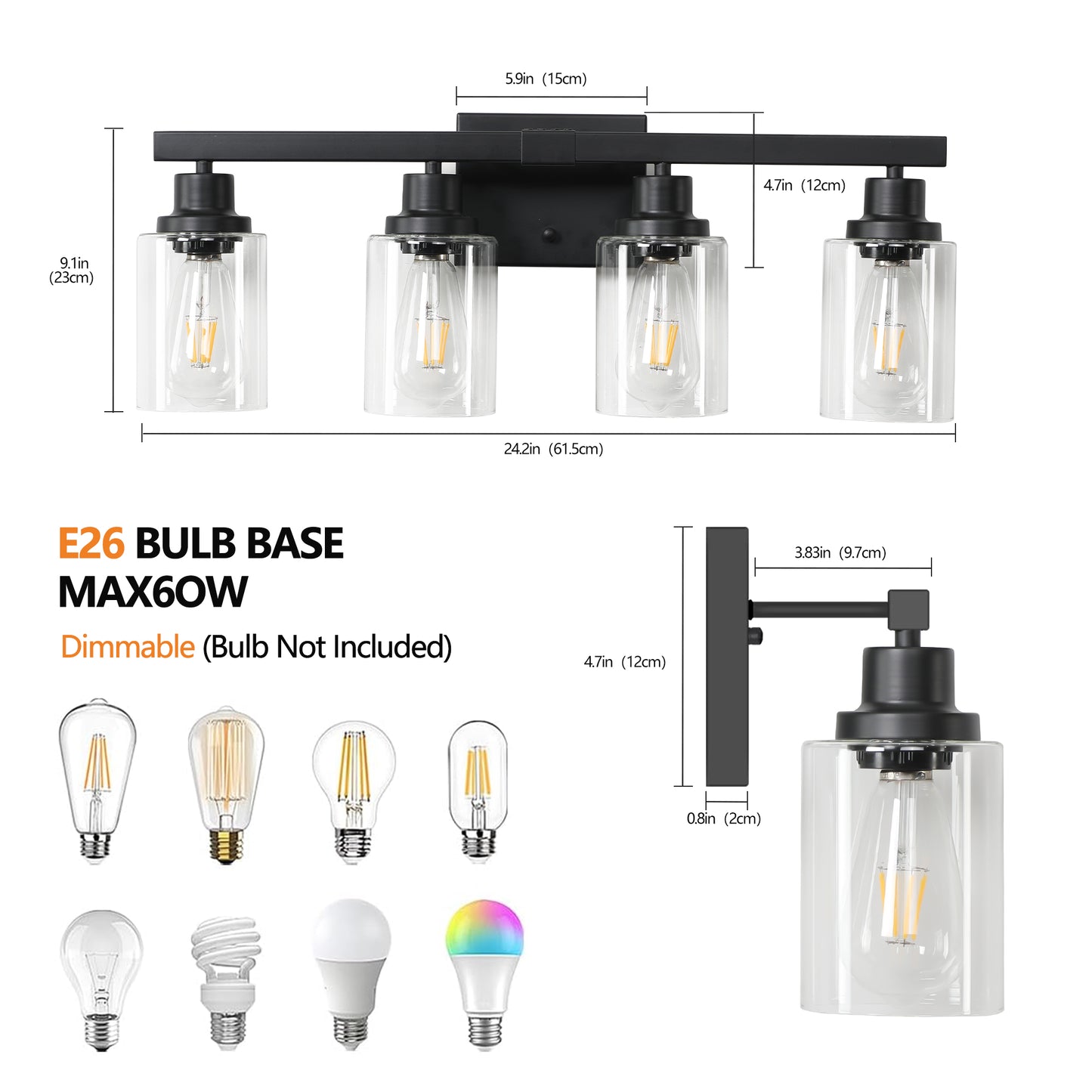 Black modern light vanity light with clear glass shades and Edison bulbs
