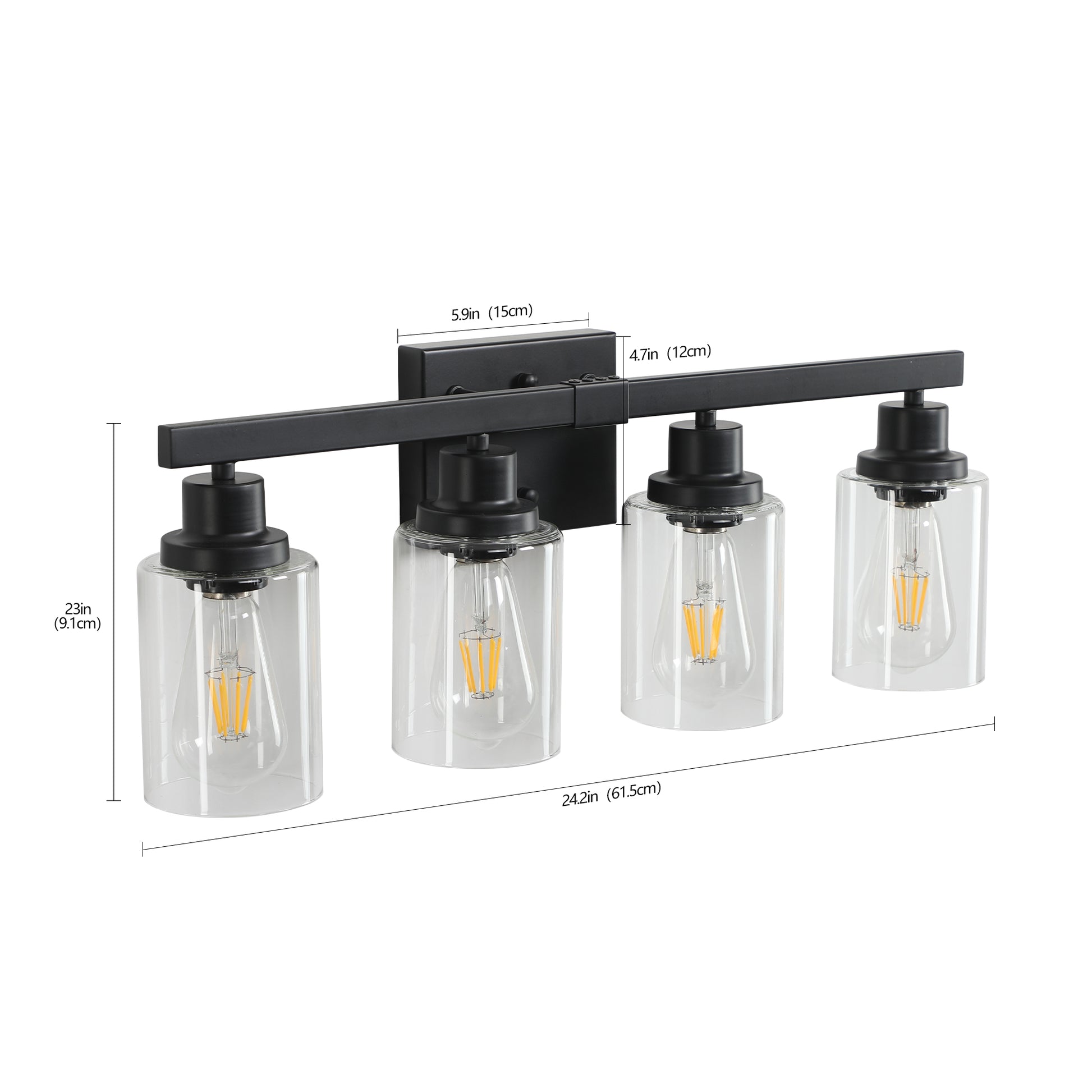 Modern black vanity light with four clear glass shades and Edison bulbs