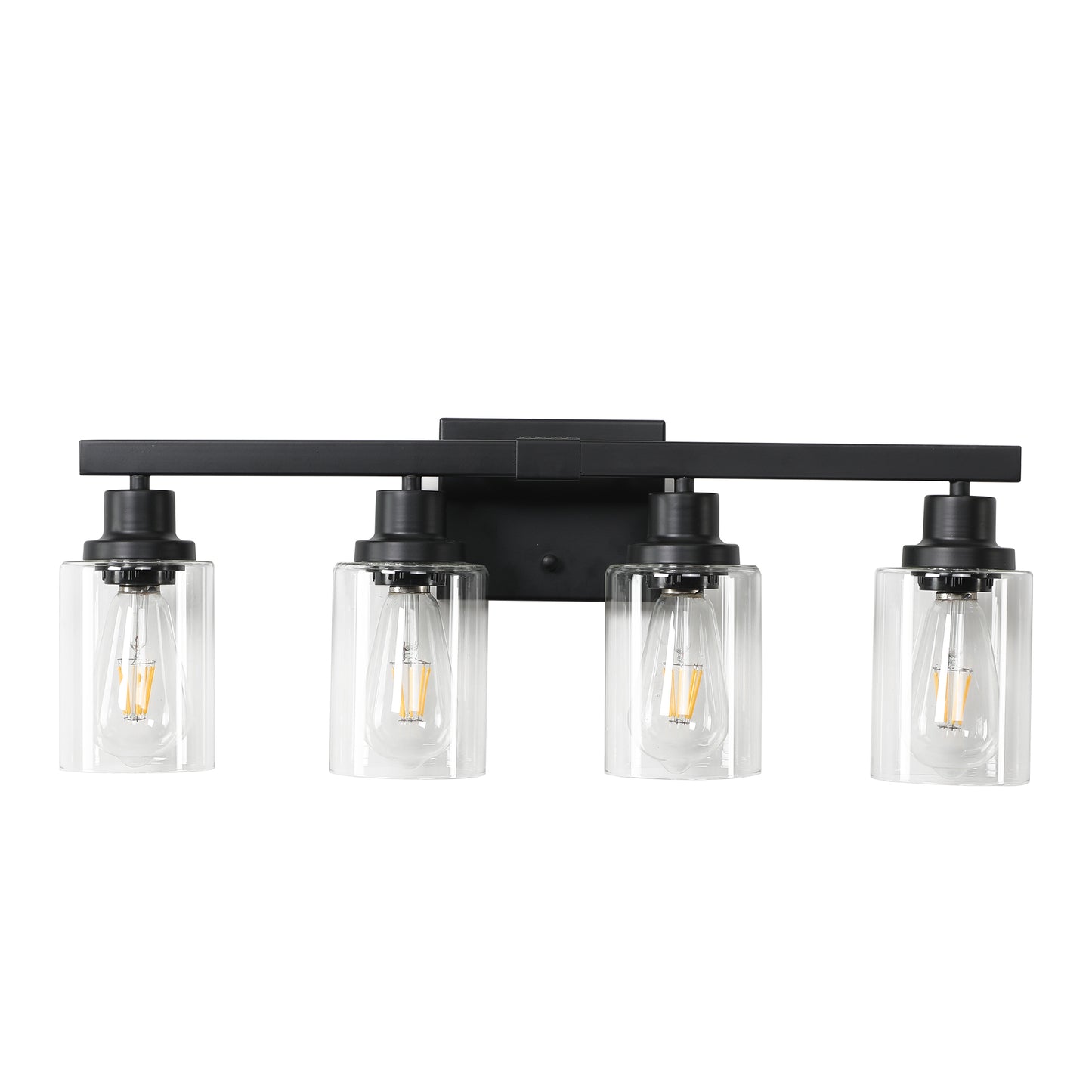 Fourlight black vanity light with clear glass shades and Edison bulbs