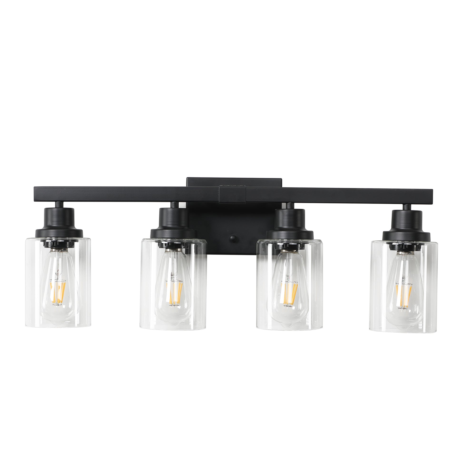 Fourlight black vanity light with clear glass shades and Edison bulbs