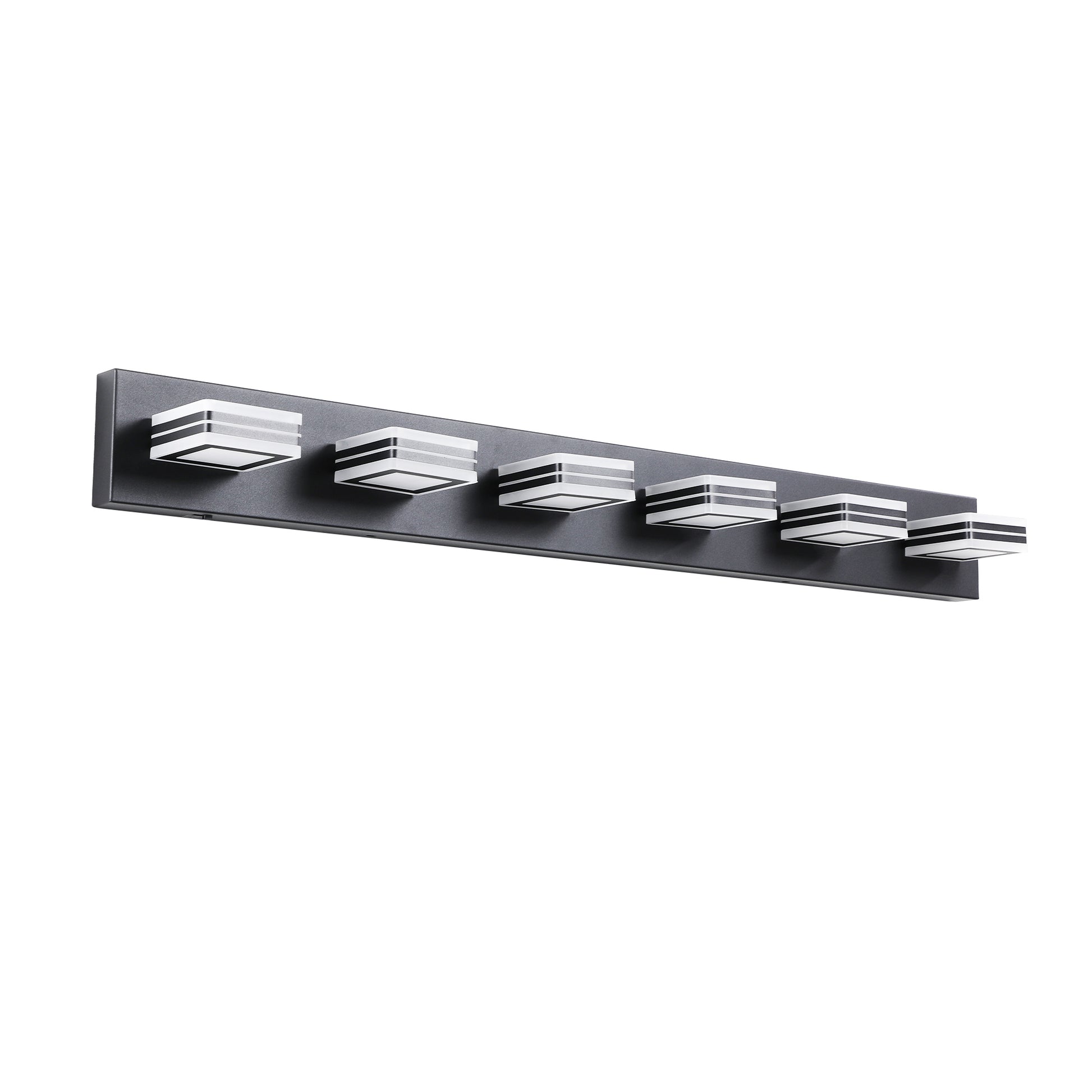 Modern black vanity light with five striped cubic shades and integrated LEDs for bathroom illumination