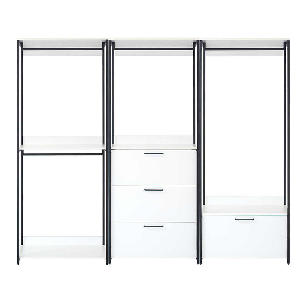 Modern white modular shelving unit with black metal frame