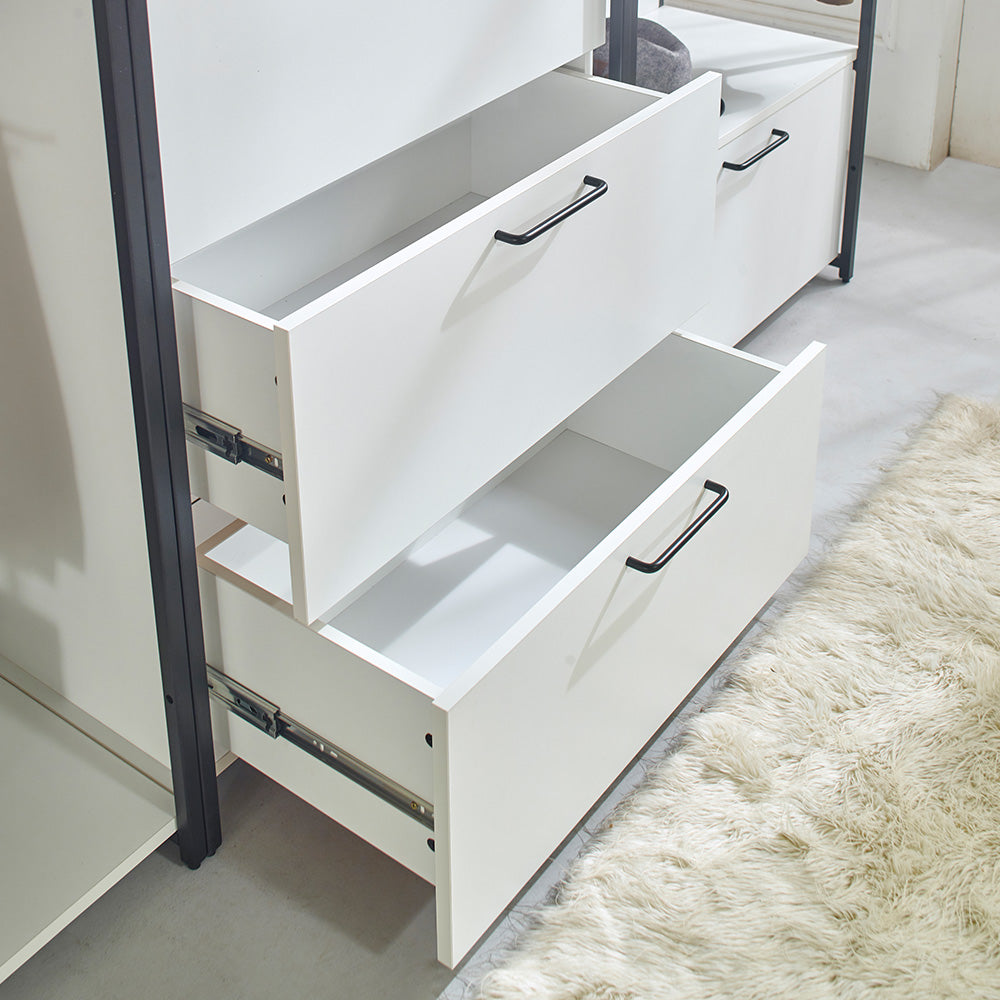 Modern white dresser drawers with black hardware