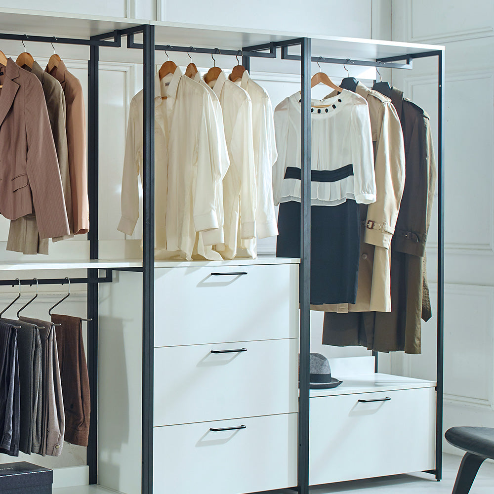 Modern closet system with hanging womens suits