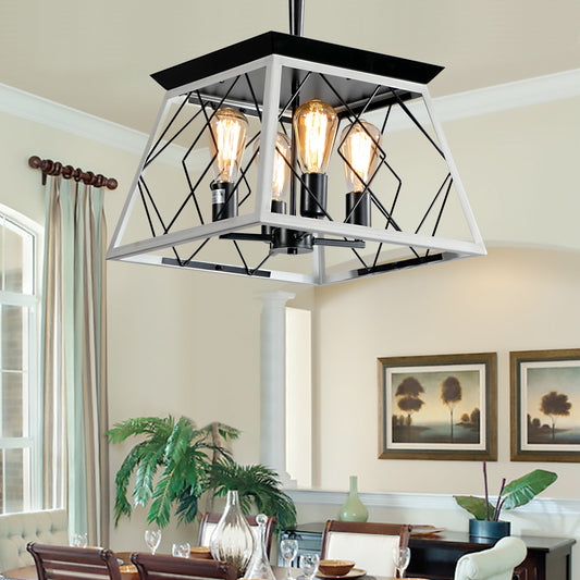 Farmhouse chandelier with black metal diamond cage and four Edison bulbs