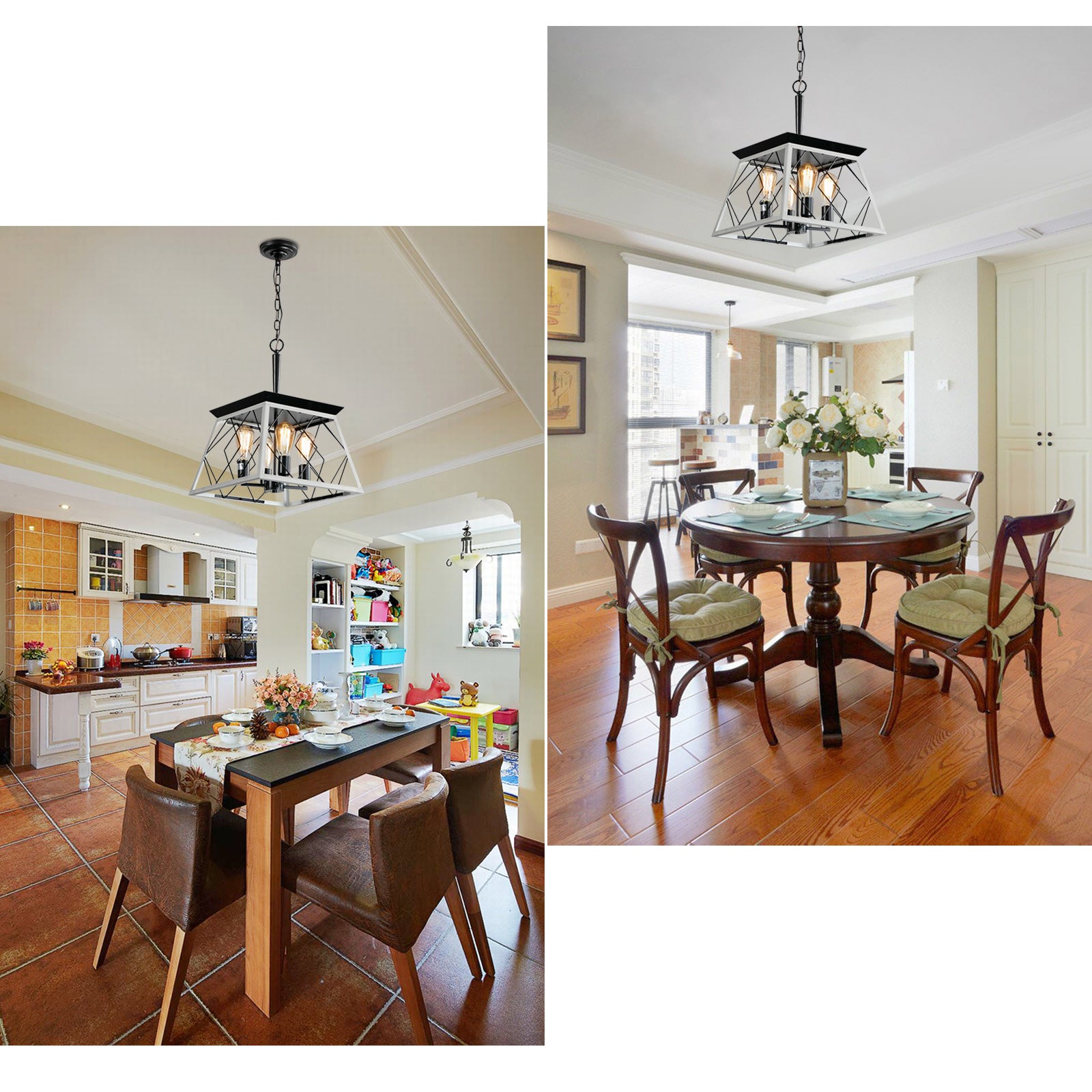 Modern farmhouse pendant light with geometric metal cage and exposed bulbs above dining table