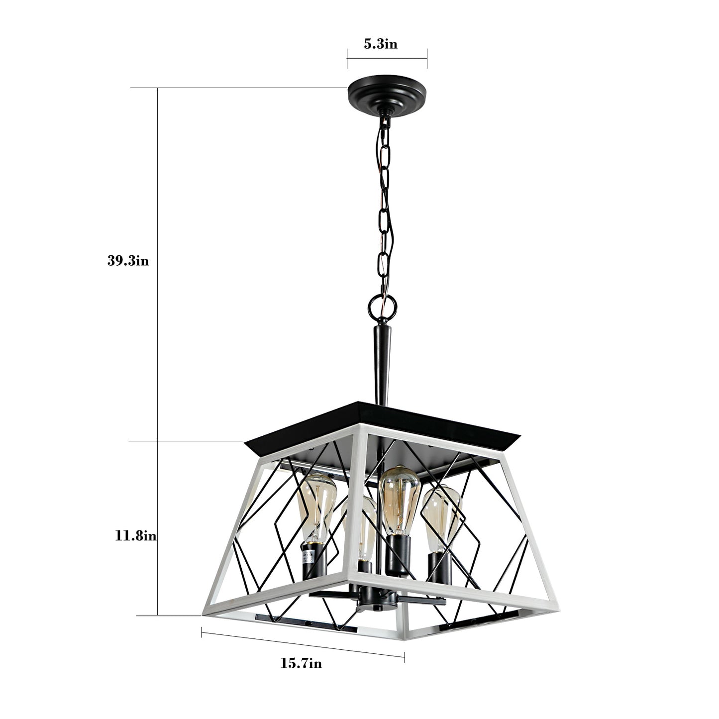 Farmhouse pendant light with black and white geometric cage  Edison bulbs
