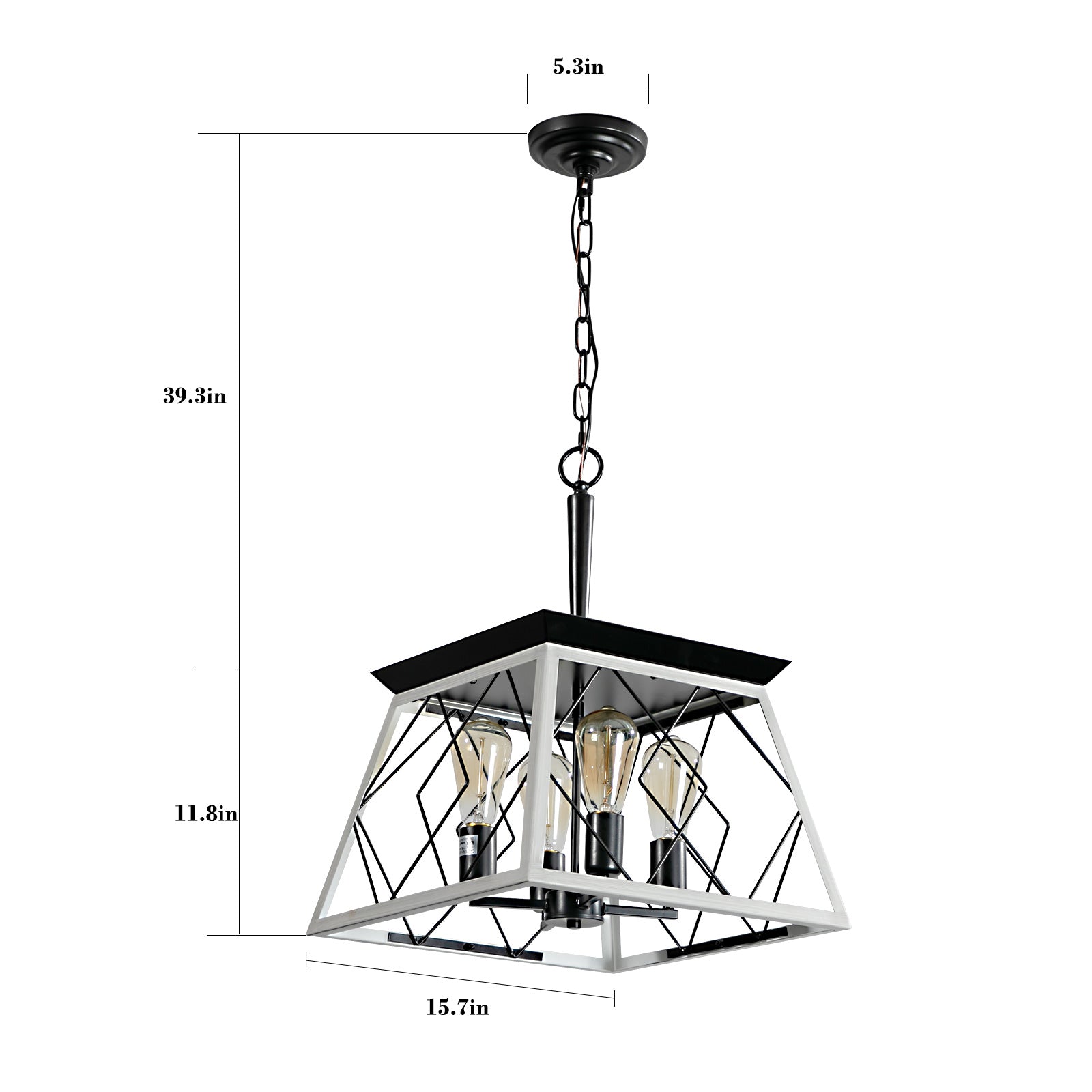 Farmhouse pendant light with black and white geometric cage  Edison bulbs