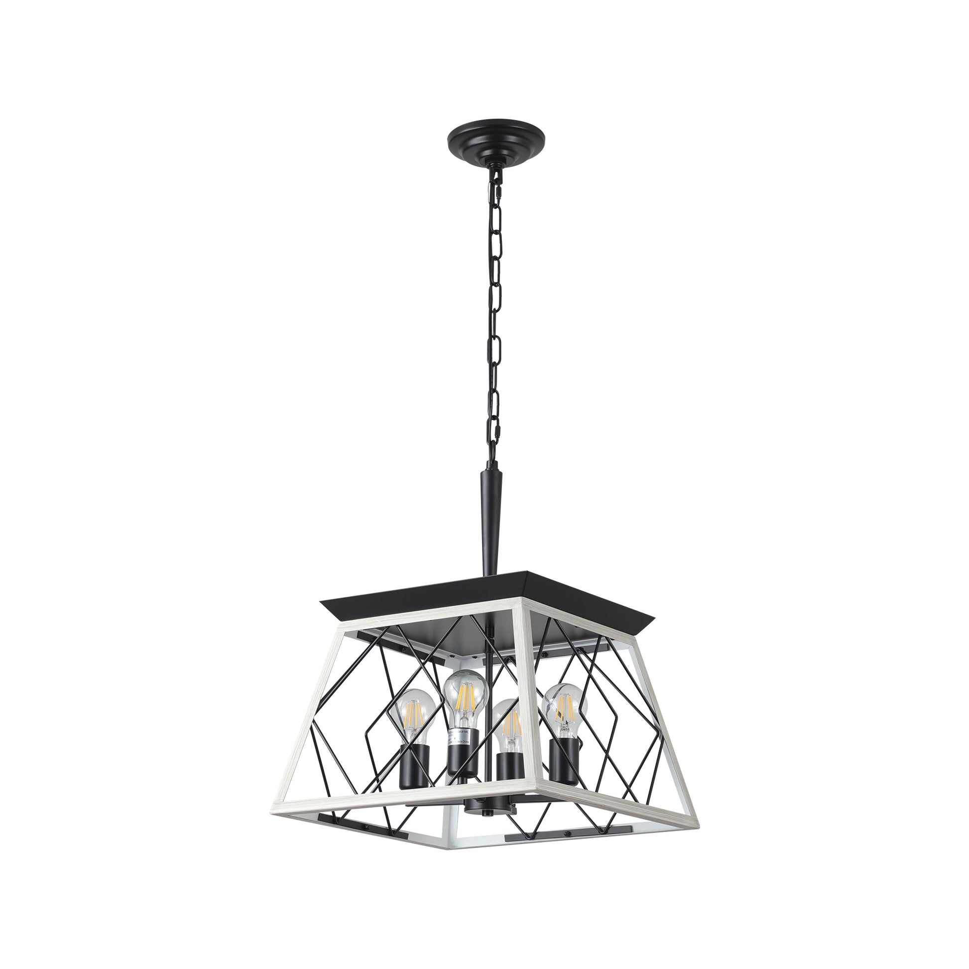 Black and white geometric chandelier with four exposed bulbs