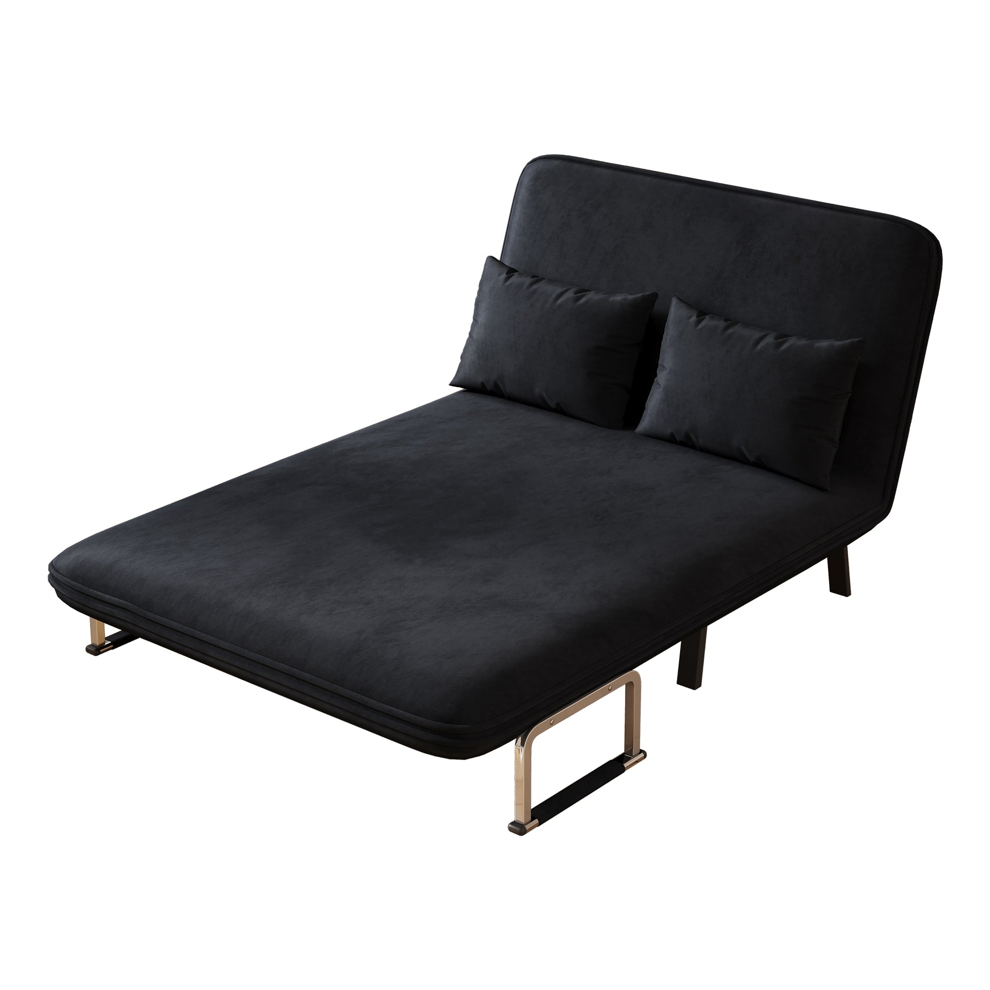 Sleek black velvet futon sofa with two matching pillows perfect for small spaces