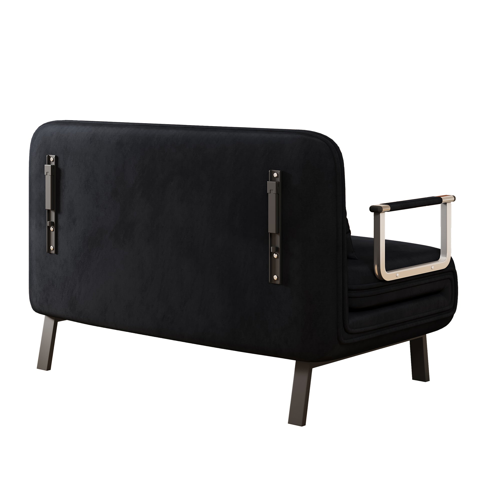 Sleek black velvet sofa with silver arm accents and dark wood legs perfect for modern living rooms