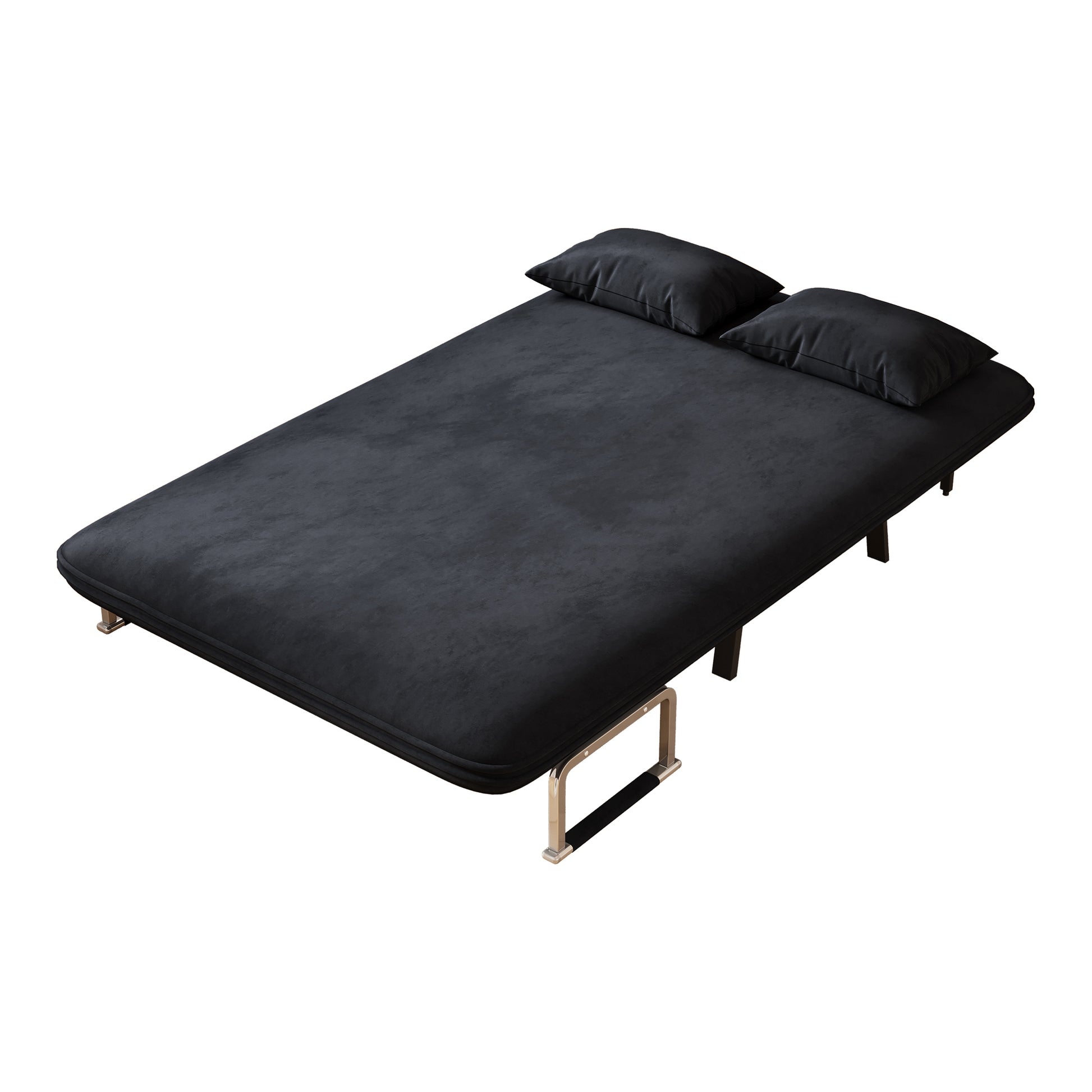 Black velvet convertible sofa bed with two plush pillows ideal for small spaces
