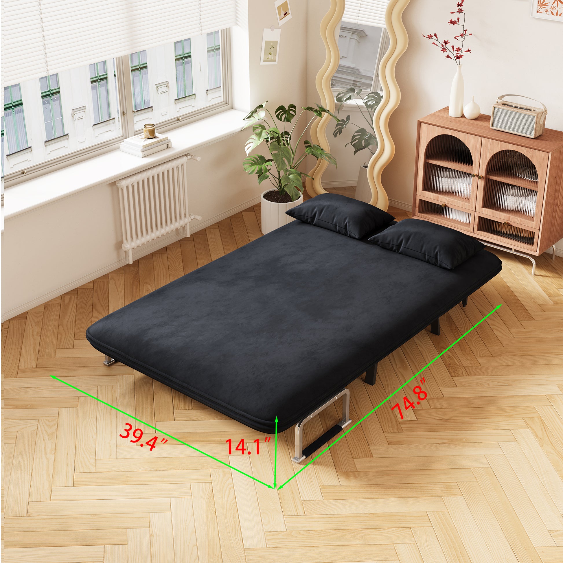 Black velvet futon sofa with chrome legs perfect for small apartments